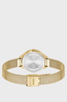 #Glossy light-gold-tone steel watch with crystal markers, Silver tone