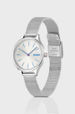 Crystal-accented stainless-steel watch with sunray dial, Color argento