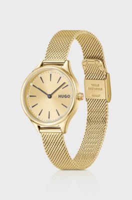 #Glossy light-gold-tone steel watch with crystal markers, Silver tone
