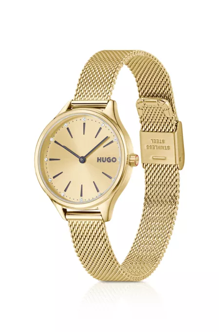 #Glossy light-gold-tone steel watch with crystal markers