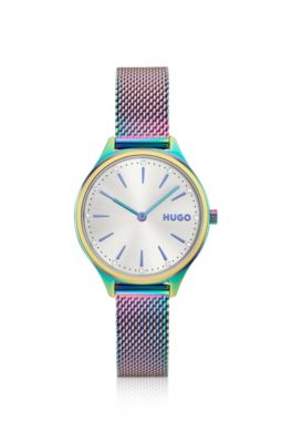 Iridescent stainless steel watch with mesh bracelet, Multicoloured
