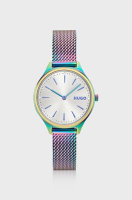Iridescent stainless steel watch with mesh bracelet, Multicolore