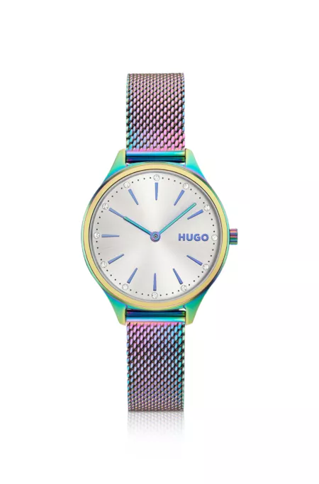 #Glossy iridescent-plated steel watch with crystal markers