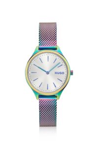 Iridescent stainless steel watch with mesh bracelet, Open divers