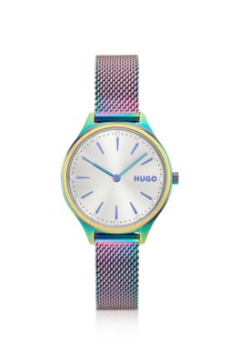 #Glossy iridescent-plated steel watch with crystal markers