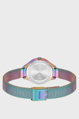 Iridescent stainless steel watch with mesh bracelet, Multicoloured