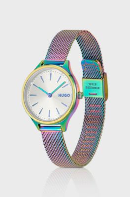 Iridescent stainless steel watch with mesh bracelet, Multicolore