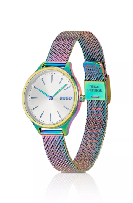 #Glossy iridescent-plated steel watch with crystal markers