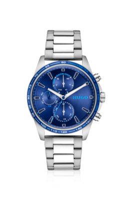 Stainless-steel watch with a blue tachymeter bezel, Silver tone