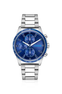 Stainless-steel watch with a blue tachymeter bezel, Color argento