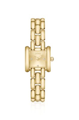 Violet square gold-tone watch with sculptural bracelet, Gold tone
