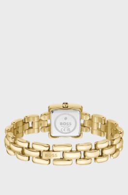 Violet square gold-tone watch with sculptural bracelet, Gold tone