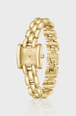 Violet square gold-tone watch with sculptural bracelet, Gold tone