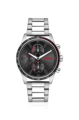 Stainless steel watch with a black sunray dial, Silver tone