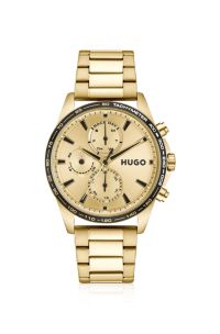 Gold-tone multifunction watch with tachymeter bezel, Gold tone