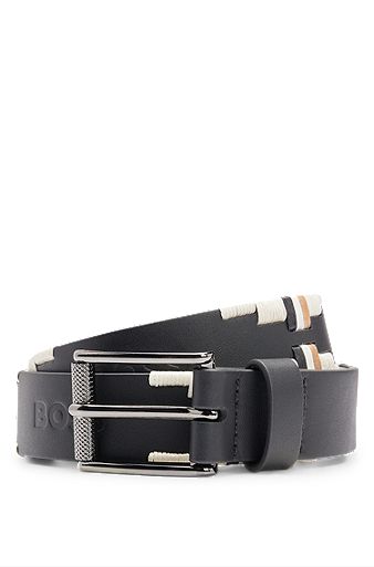 Equestrian leather belt with hand-embroidered signature stripes, Black