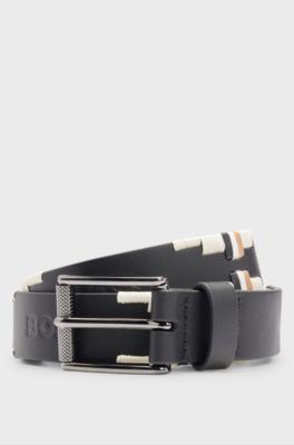 Ceinture en cuir d'inspiration &eacute;questre &agrave; rayures embl&eacute;matiques brod&eacute;es &agrave; la main, Noir