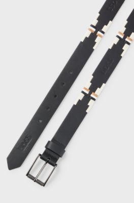 Equestrian leather belt with hand-embroidered signature stripes, Black