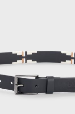 Equestrian leather belt with hand-embroidered signature stripes, Black