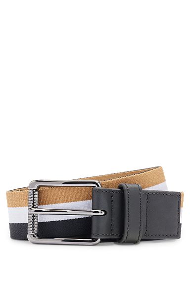 Cinturón de algodón elástico con rayas de la marca y apliques de piel, Negro estampado