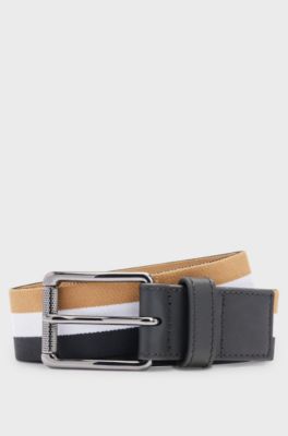 Ceinture en coton stretch &agrave; rayures embl&eacute;matiques et finitions en cuir, Noir &agrave; motif