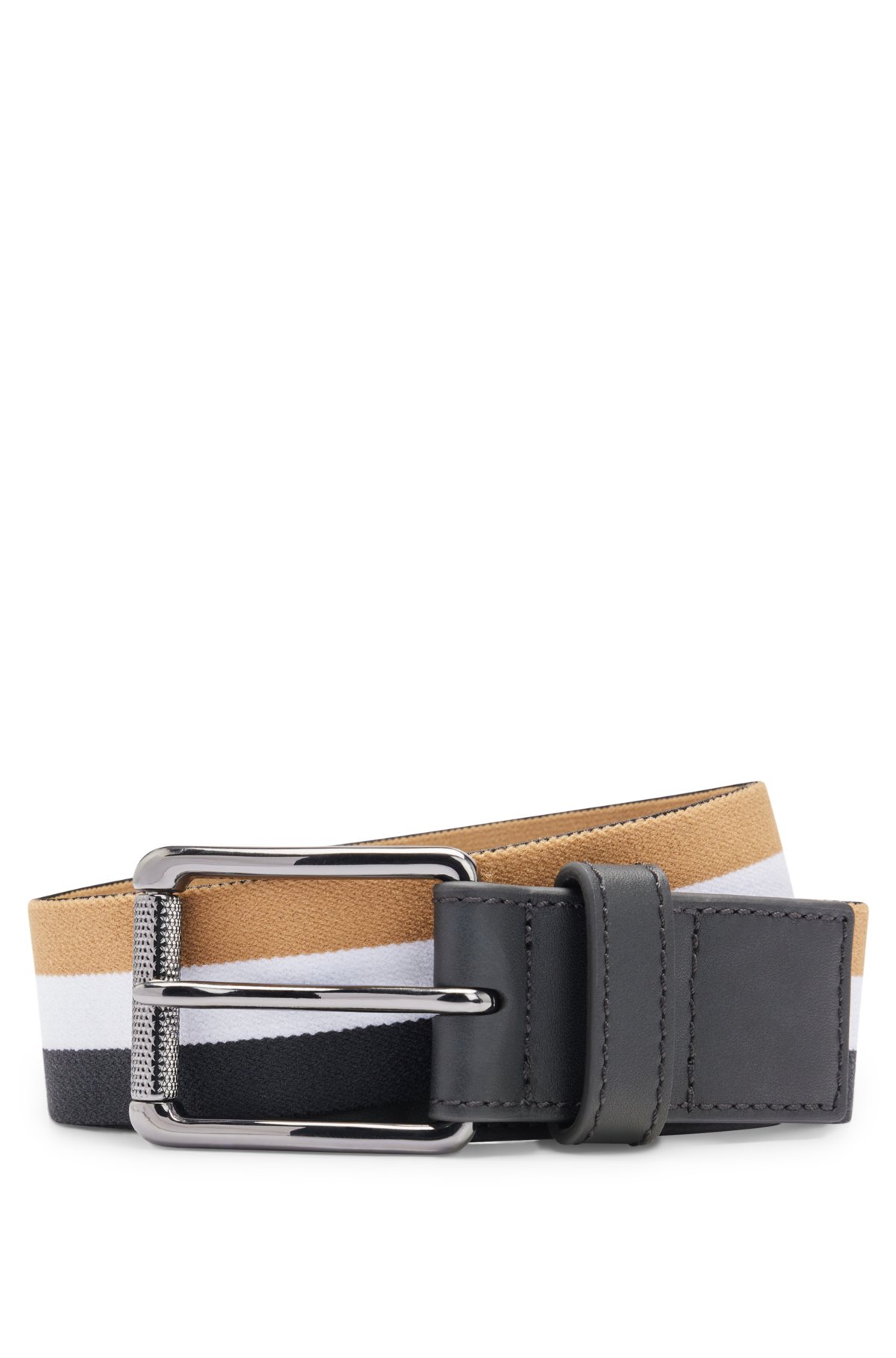 Signature-stripe belt in stretch cotton with leather trims, Black Patterned