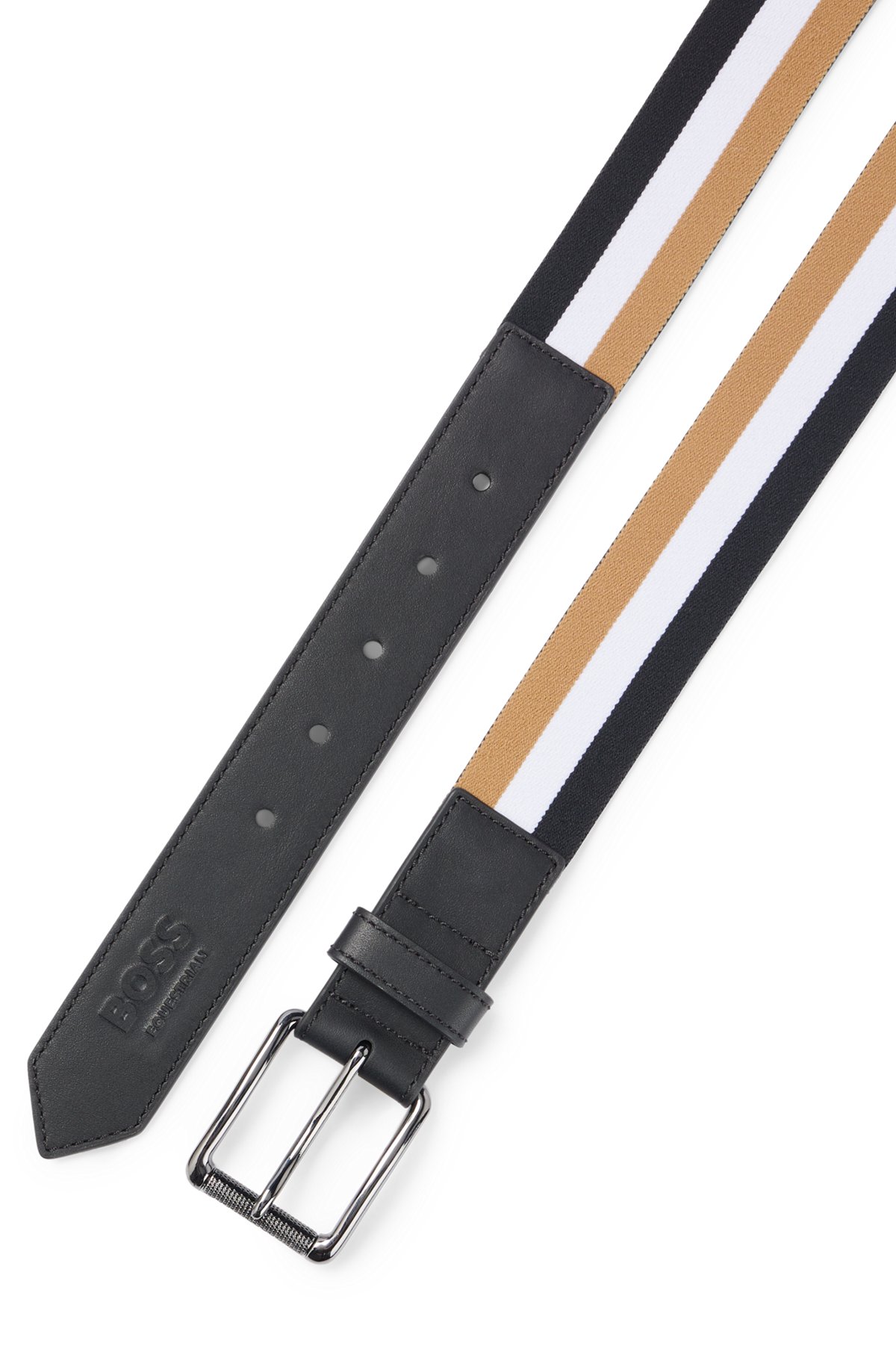 Signature-stripe belt in stretch cotton with leather trims, Black Patterned