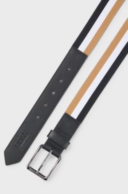 Signature-stripe belt in stretch cotton with leather trims, Black Patterned