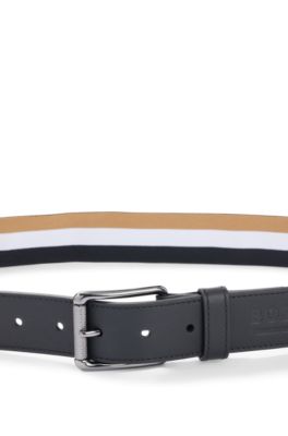 Signature-stripe belt in stretch cotton with leather trims, Black Patterned