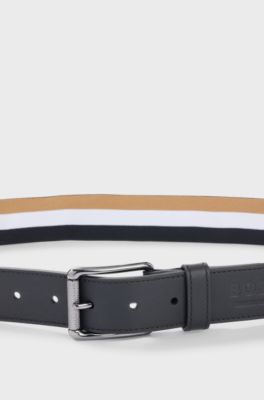 Signature-stripe belt in stretch cotton with leather trims, Black Patterned