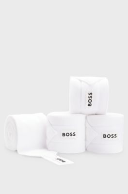 Equestrian circulation bandages with contrast branding and riptape closure, White