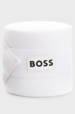 Equestrian circulation bandages with contrast branding and riptape closure, White