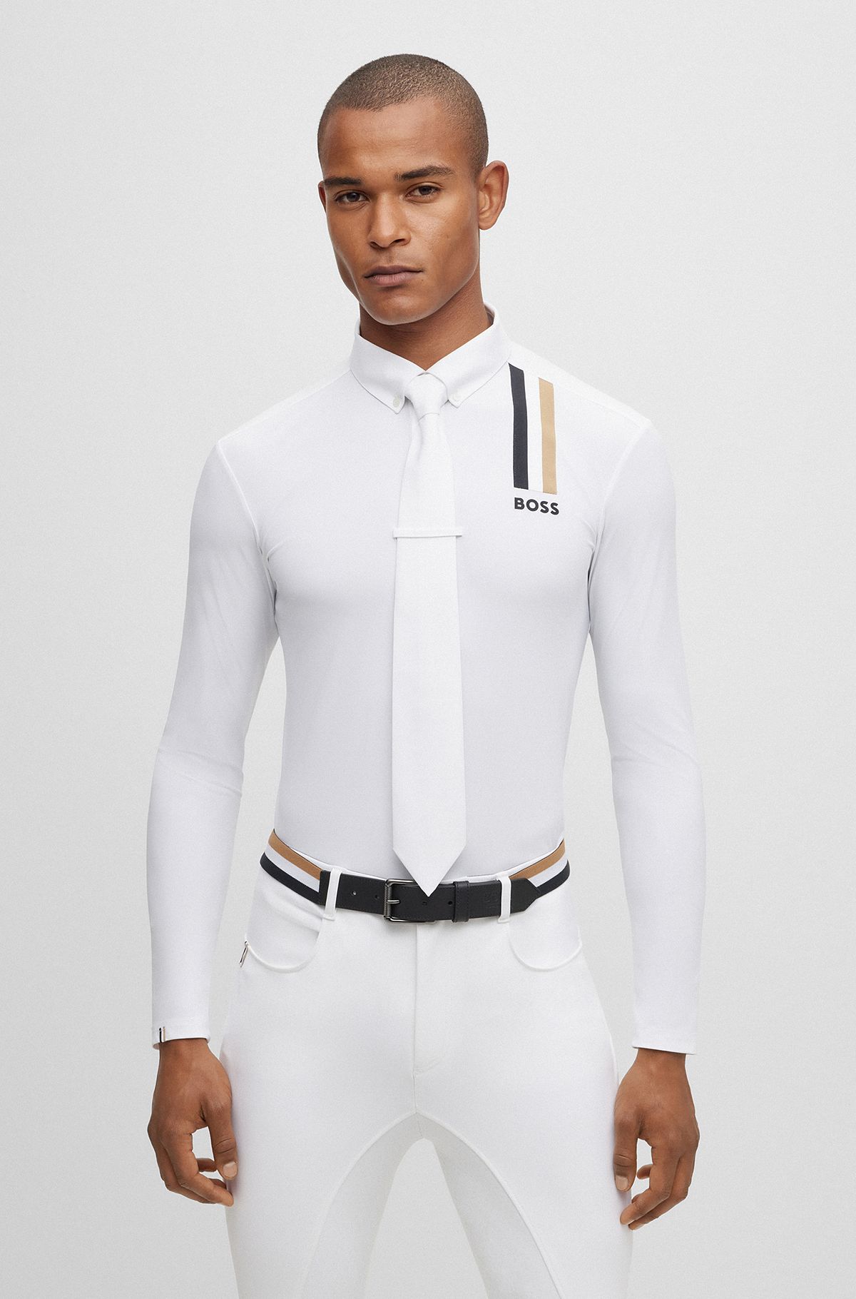 Chemise d’équitation avec rayures emblématiques et logo, Blanc