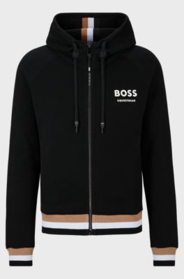 Equestrian cotton zip-up hoodie with signature stripes and logo, Black