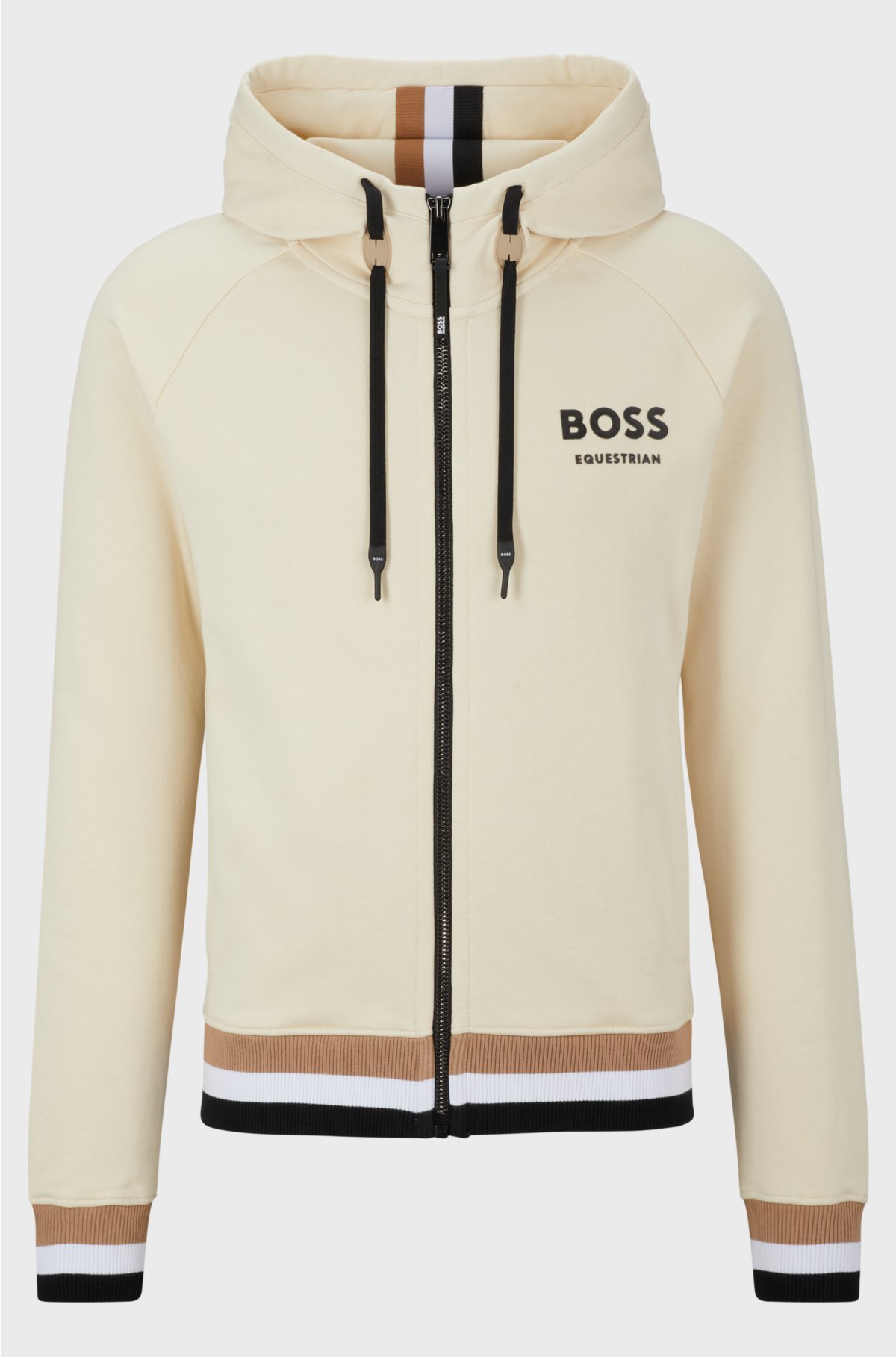 Equestrian cotton zip-up hoodie with signature stripes and logo, Beige