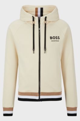 Equestrian cotton zip-up hoodie with signature stripes and logo, Beige