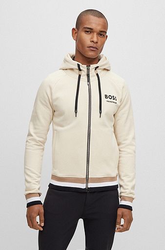 Equestrian cotton hoodie with signature stripes and logo, Beige