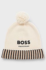 Equestrian cotton pom-pom beanie hat with embroidered logo, Light Beige