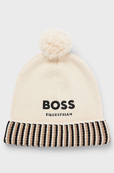 Equestrian cotton pom-pom beanie hat with embroidered logo, Light Beige