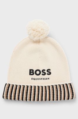 Equestrian cotton pom-pom beanie hat with embroidered logo, Light Beige