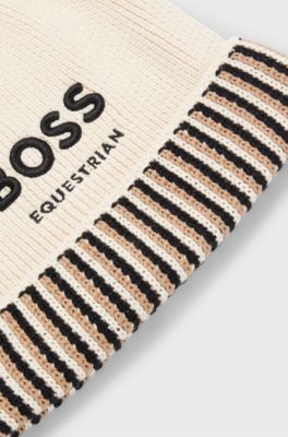 Equestrian cotton pom-pom beanie hat with embroidered logo, Light Beige