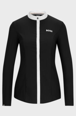 Slim-fit wedstrijdblouse voor ruiters in een combinatie van materialen, Zwart