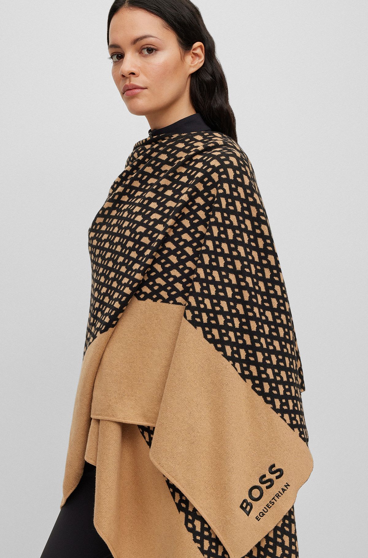 Equestrian monogram-pattern poncho in modal and cotton, Patterned