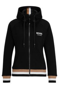 Equestrian cotton zip-up hoodie with signature stripes, Black