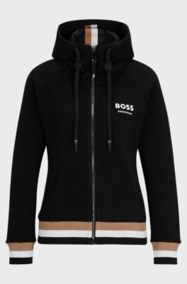 Equestrian cotton zip-up hoodie with signature stripes, Black