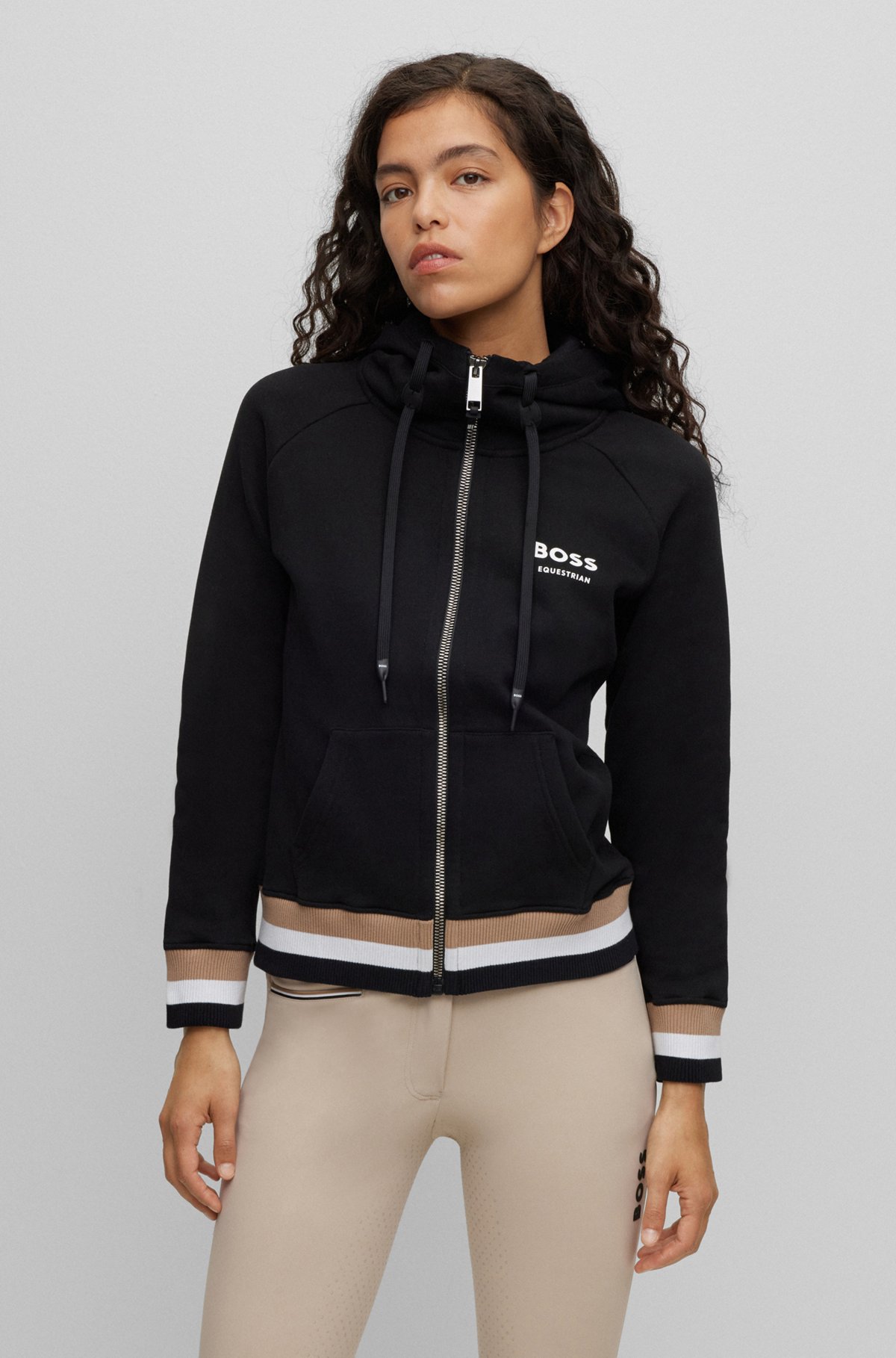 Katoenen hoodie voor ruitersport met rits en kenmerkende strepen, Zwart