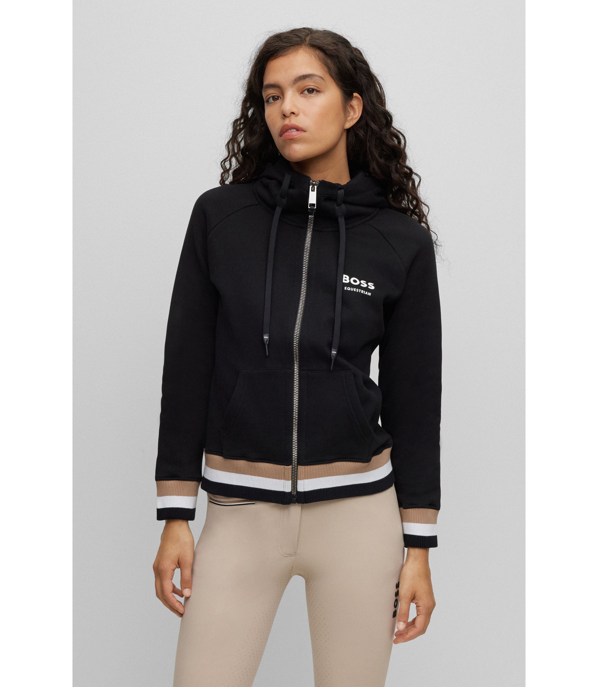 BOSS Equestrian cotton zip-up hoodie with signature stripes Black