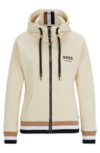 Equestrian cotton zip-up hoodie with signature stripes, Beige