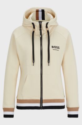 Equestrian cotton zip-up hoodie with signature stripes, Beige