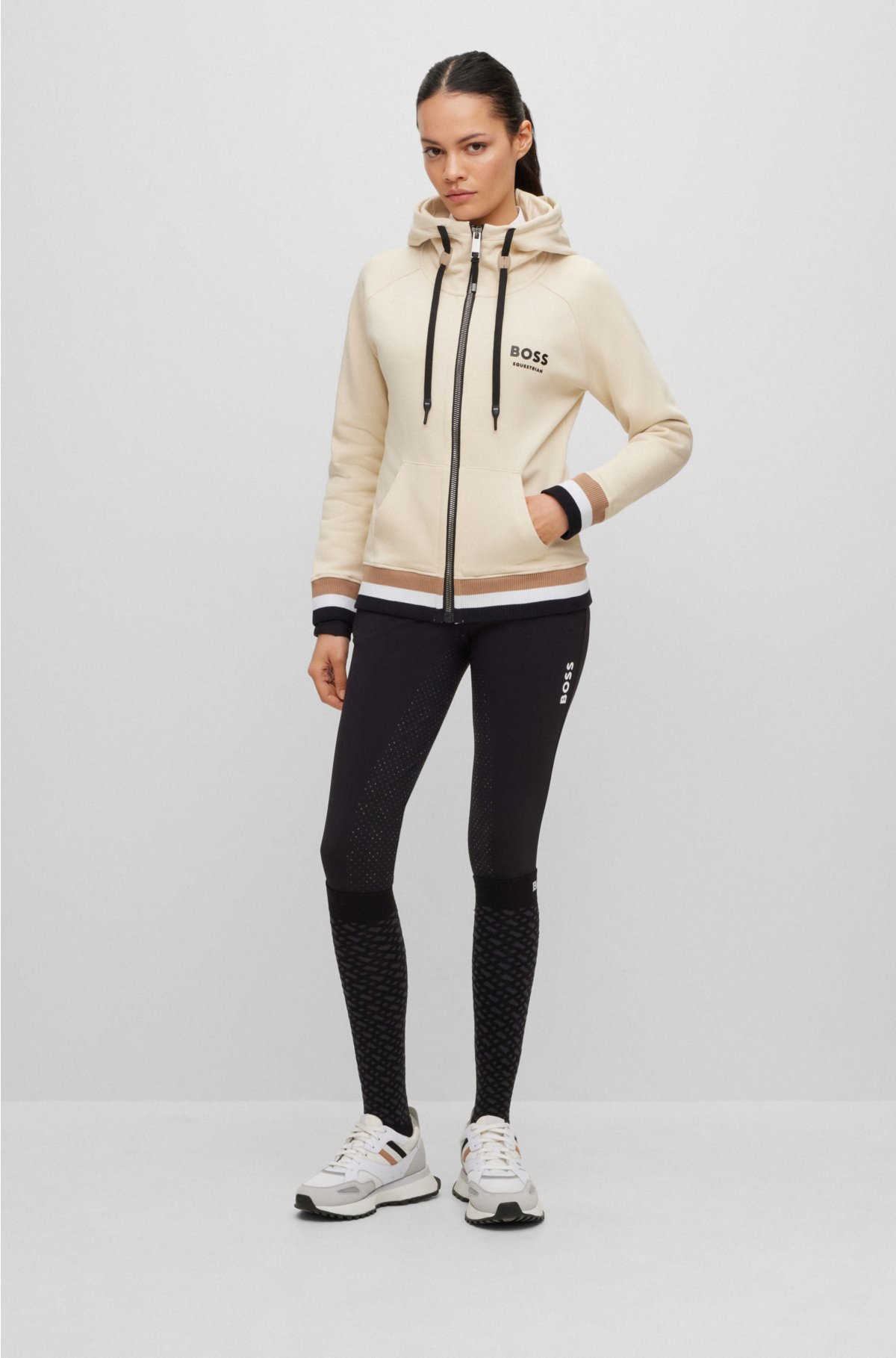Equestrian cotton zip-up hoodie with signature stripes, Beige
